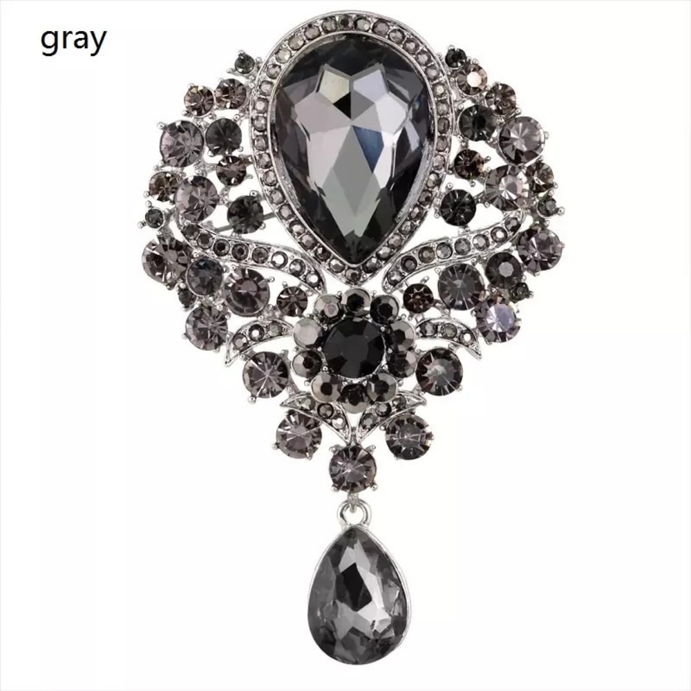 BIG GRAY CHRYSTAL RHINESTONE WATER DROP BROOCH / PIN